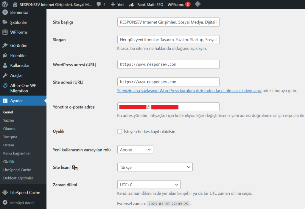 RESPONSEV WordPress Genel Ayarların Ekran Görüntüsü
