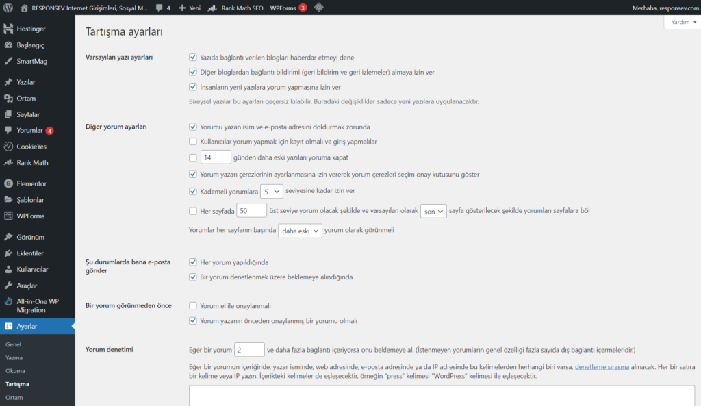 WordPress Tartışma, yorum, moderasyon vs. ayar ekranı